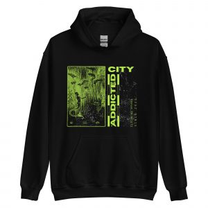 Addicted City Hoodie – Neon Green Graphic on Black, Bold Urban Streetwear