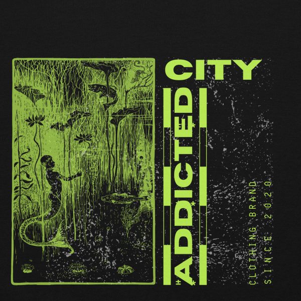 Addicted City Hoodie – Neon Green Graphic on Black, Bold Urban Streetwear - Image 7