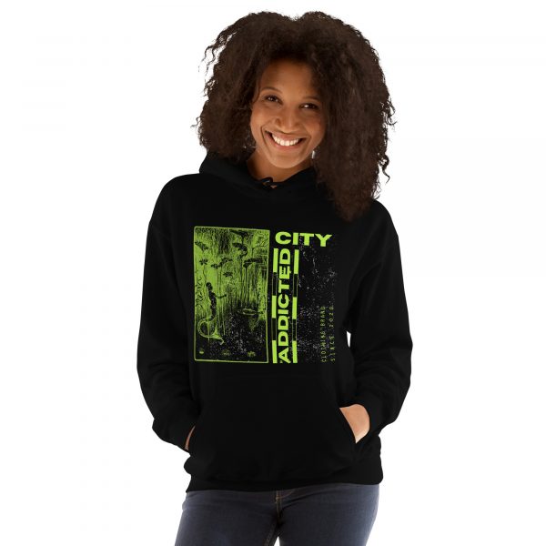 Addicted City Hoodie – Neon Green Graphic on Black, Bold Urban Streetwear - Image 8