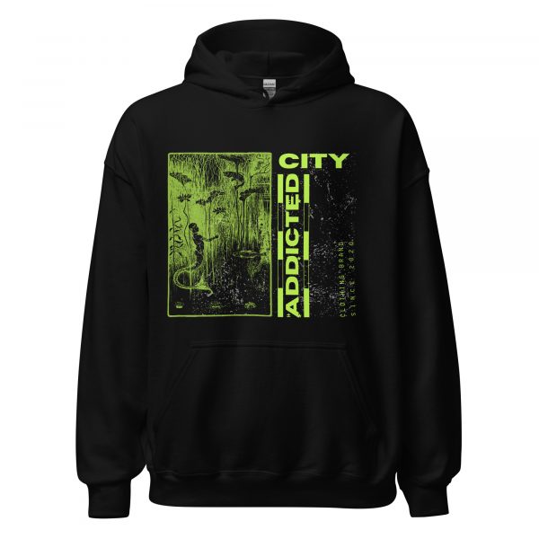 Addicted City Hoodie – Neon Green Graphic on Black, Bold Urban Streetwear - Image 9