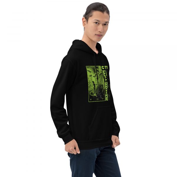 Addicted City Hoodie – Neon Green Graphic on Black, Bold Urban Streetwear - Image 2