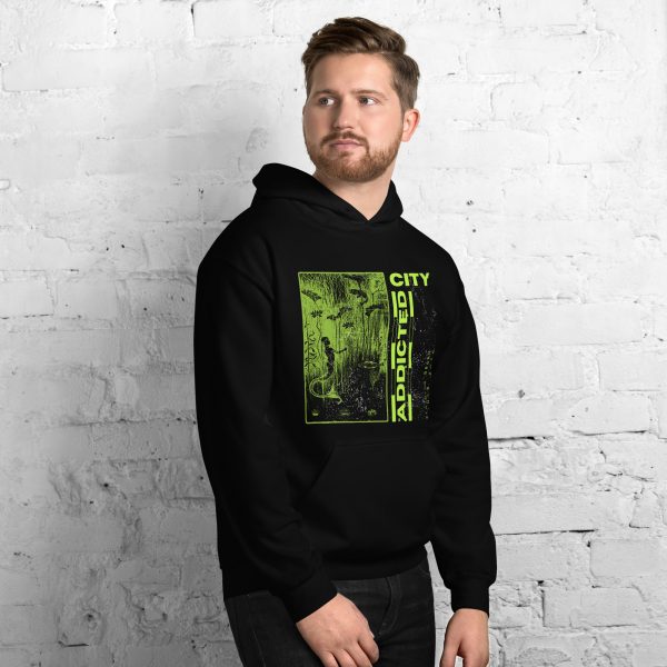 Addicted City Hoodie – Neon Green Graphic on Black, Bold Urban Streetwear - Image 4